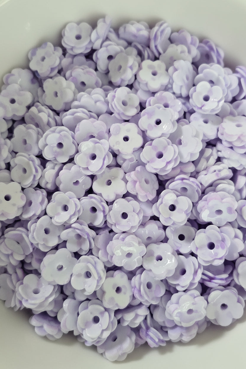 Purple layered flower beads with holes, craft beads 15g