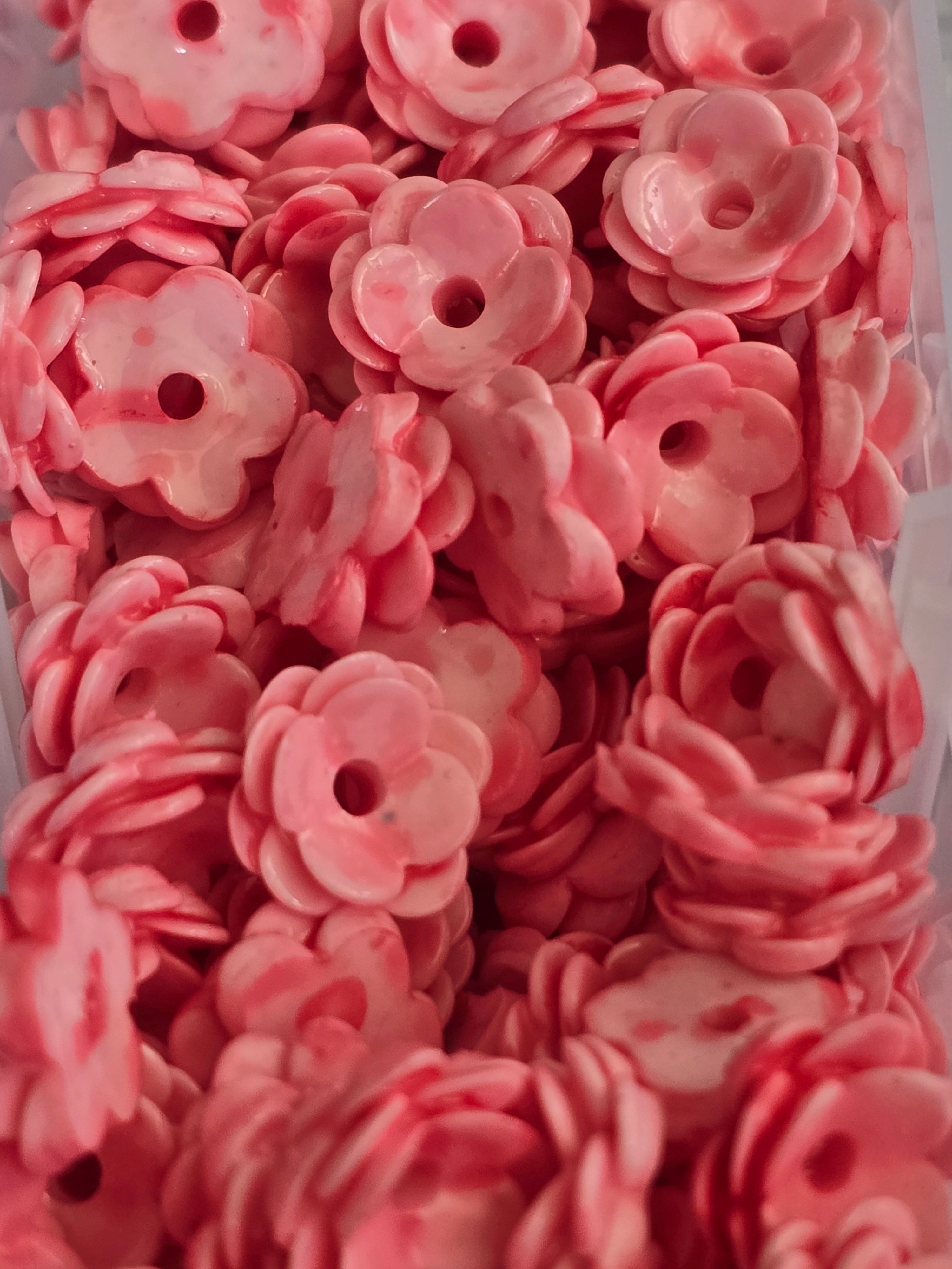 Pink layered flower beads with holes, craft beads 15g