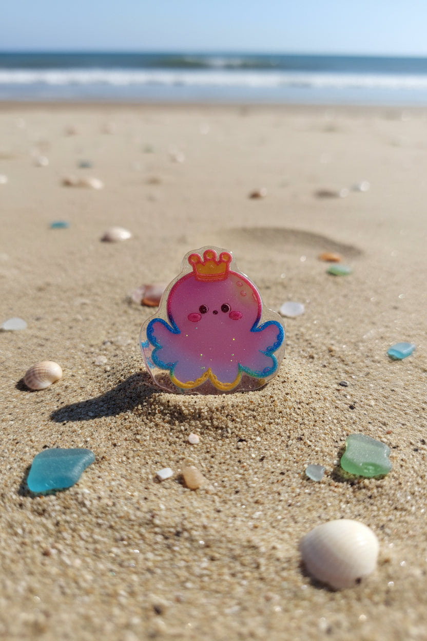 A small glossy octopus-shaped accessory with a pink face, blue and yellow accents, and a tiny orange crown.