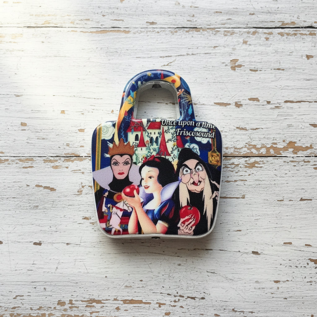 An acrylic bead with a colorful, illustrated collage design featuring Snow White and other characters from 'Once Upon a Time' on a white background.
