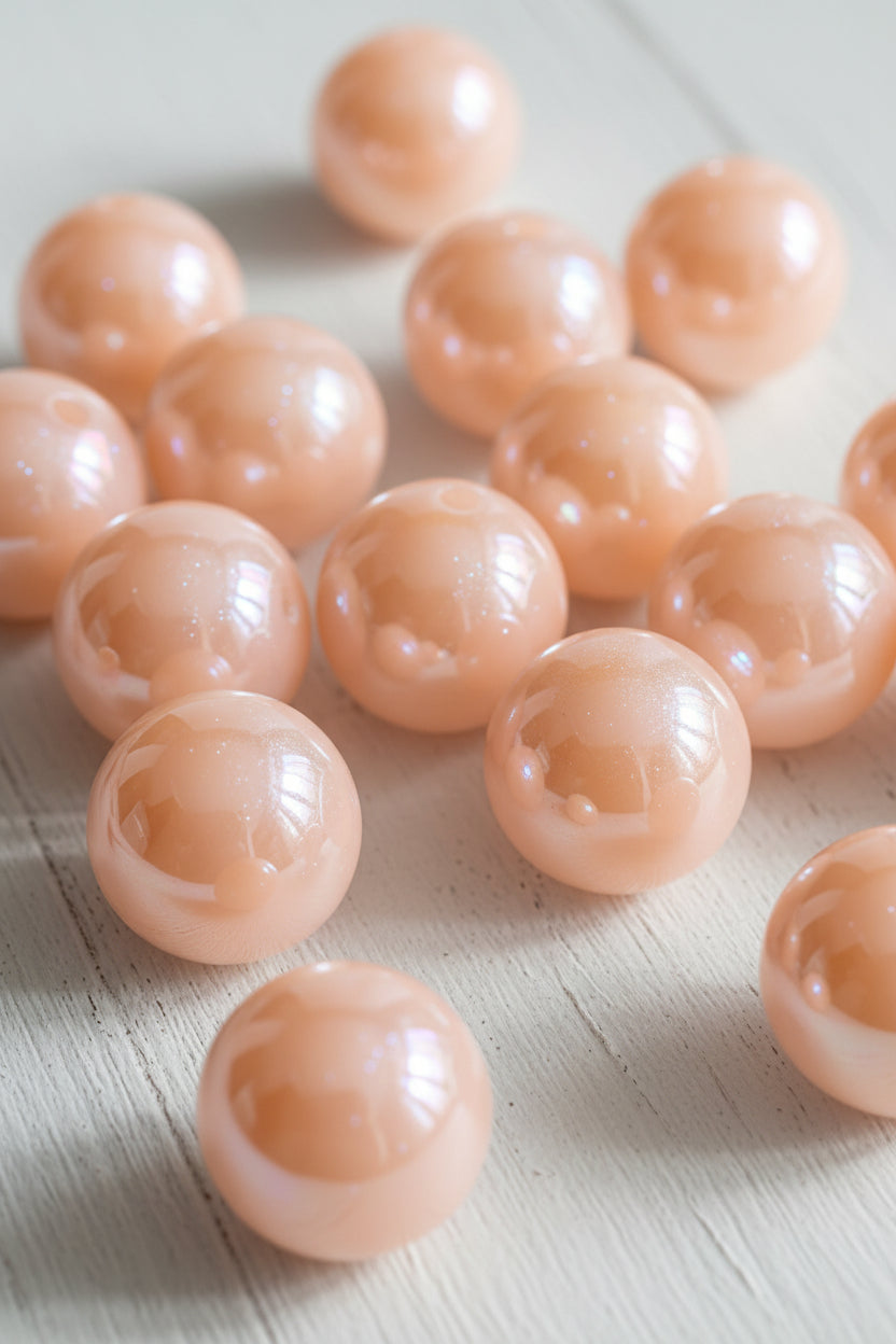 A close-up of glossy pink round beads with a subtle iridescent shimmer, arranged tightly together.