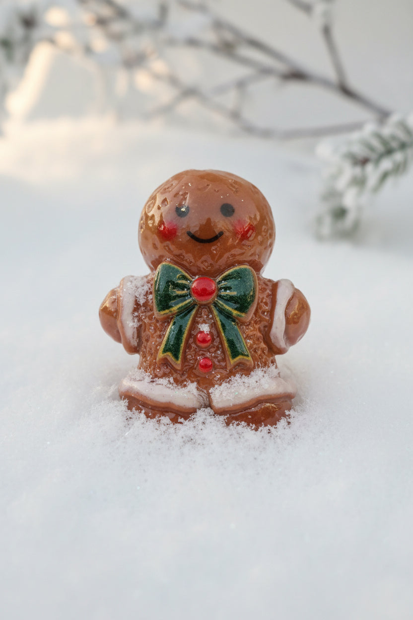 A small gingerbread man bead with a glossy brown finish, decorated with a green and gold bow and red accents.