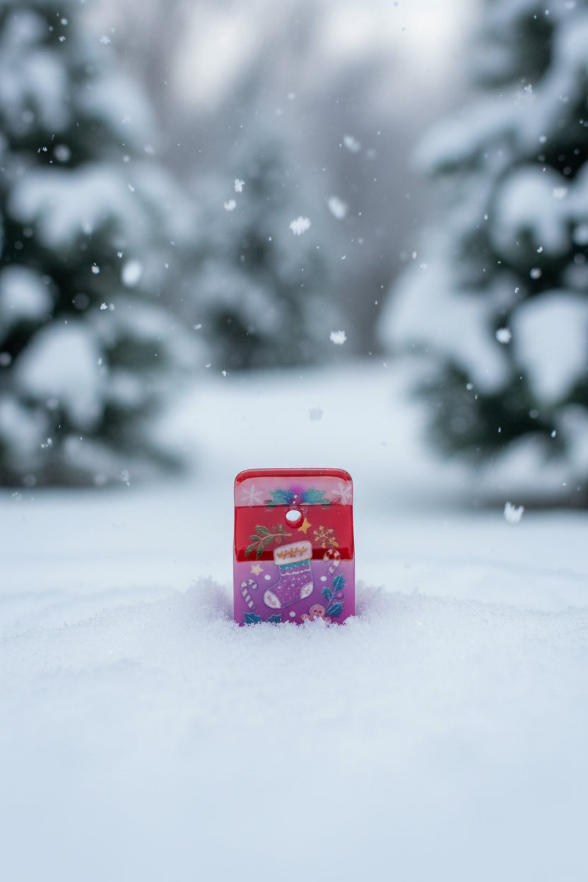 A small rectangular Christmas bead with a glossy finish, featuring a red top half with white snowflakes and a purple bottom half with a stocking, candy cane, holly, and gingerbread illustration.