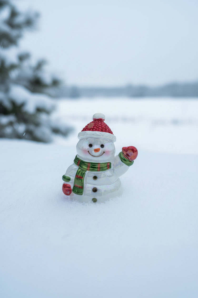 A small snowman bead with a red glittery Santa hat, green striped scarf