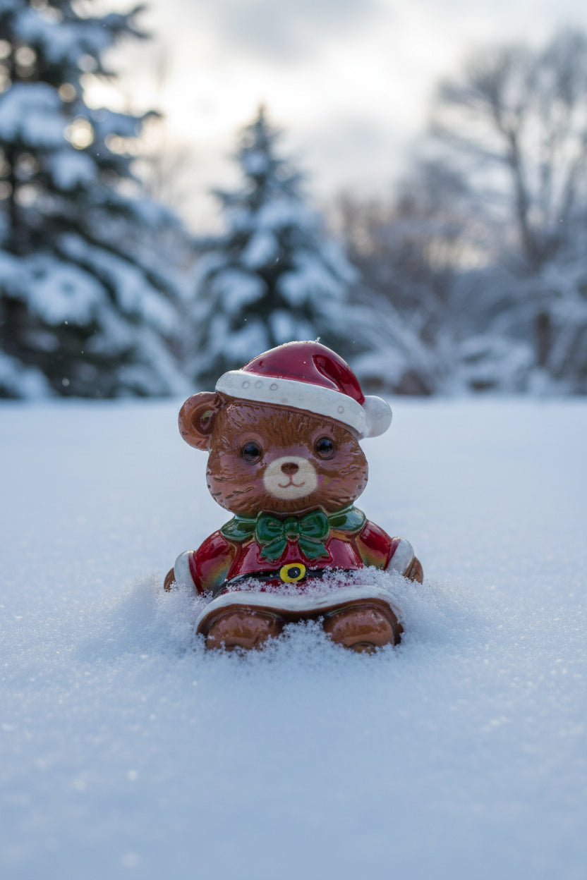 A small teddy bear bead wearing a red Santa hat with white trim and a red Santa outfit with a green bow tie.