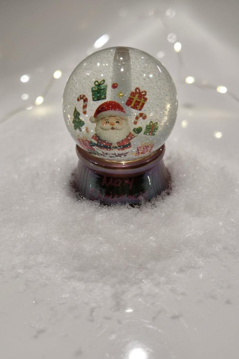 A clear snow globe bead with a Santa Claus design inside.