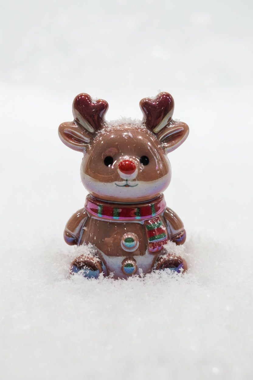 A small glossy reindeer bead wearing an iridescent holiday sweater.