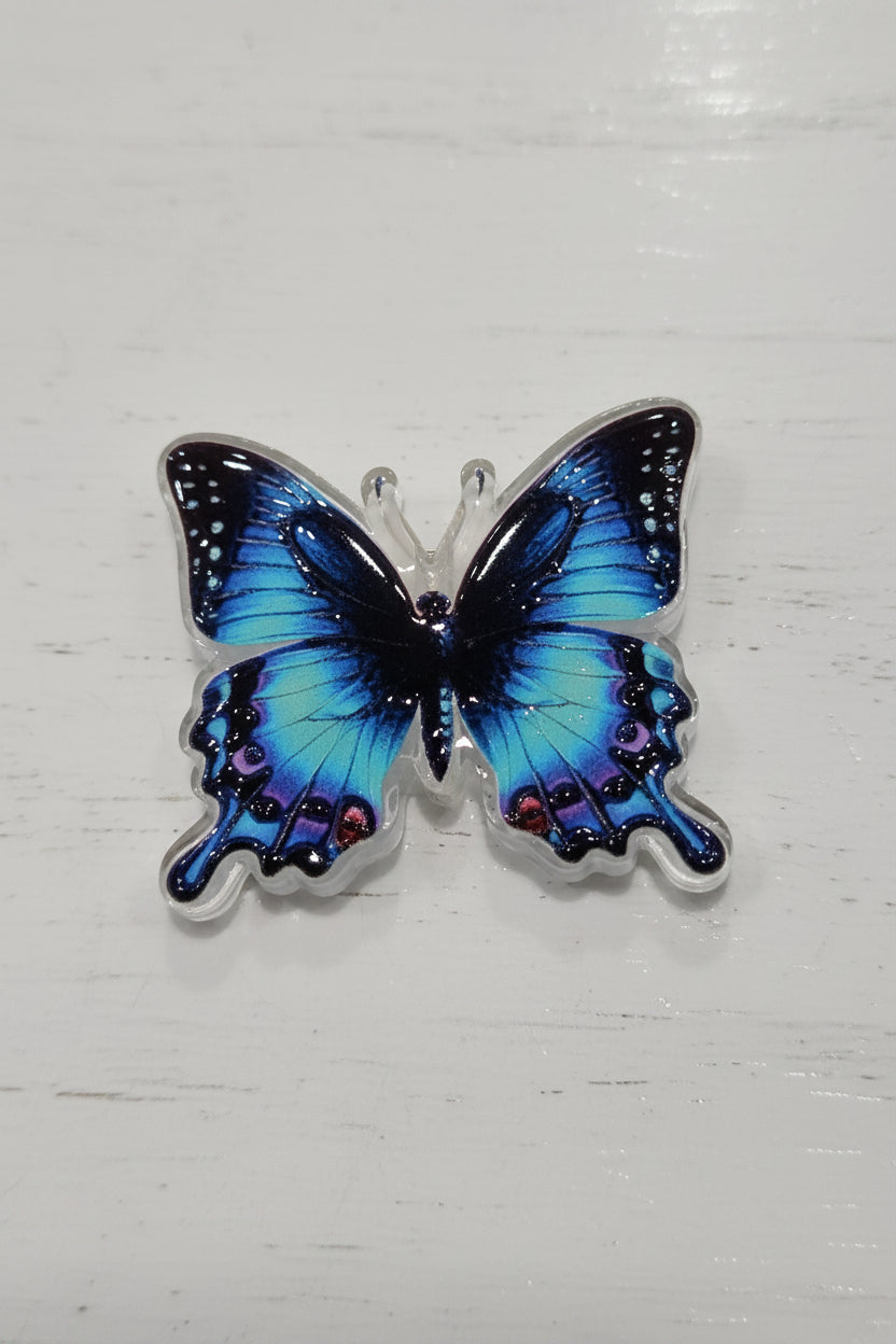 A butterfly-shaped acrylic bead with vibrant blue and black wings.