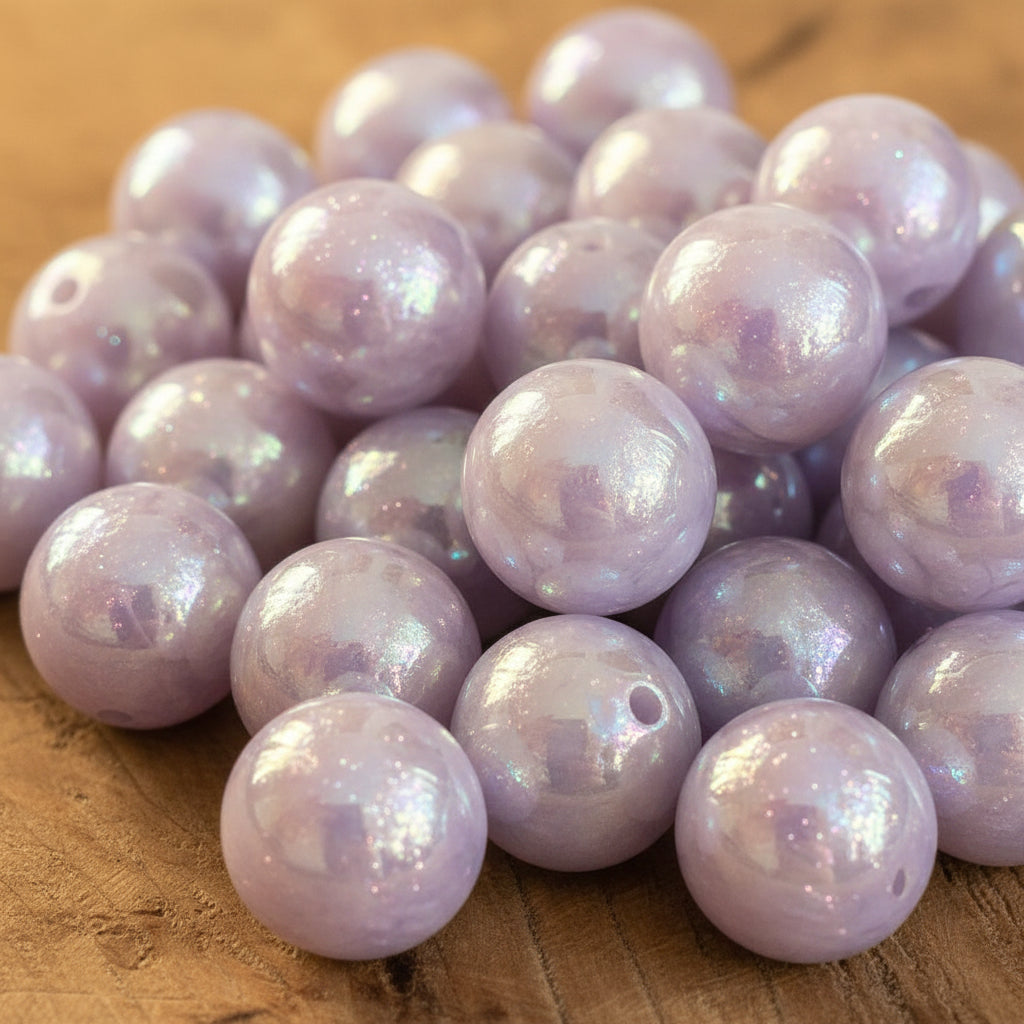 Close-up of purple spherical beads with iridescent finish