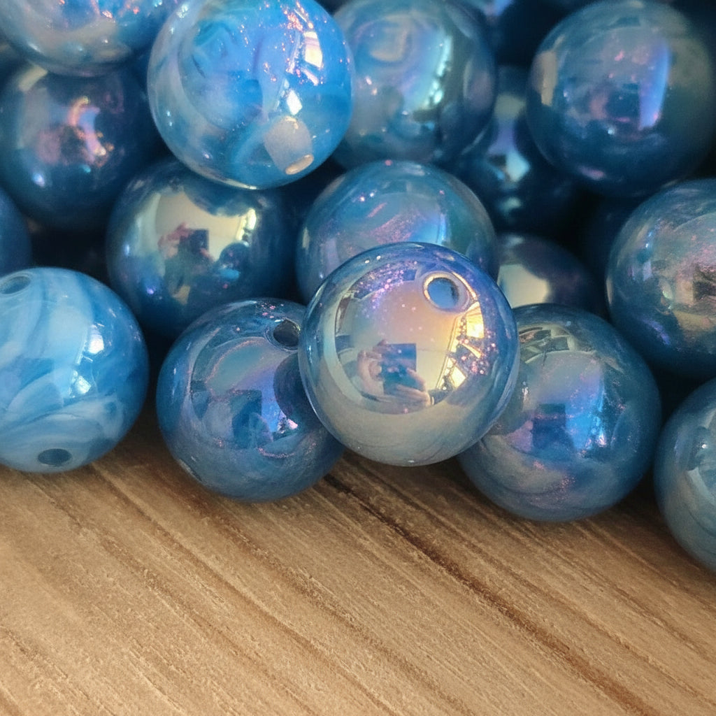 Close-up of blue iridescent beads