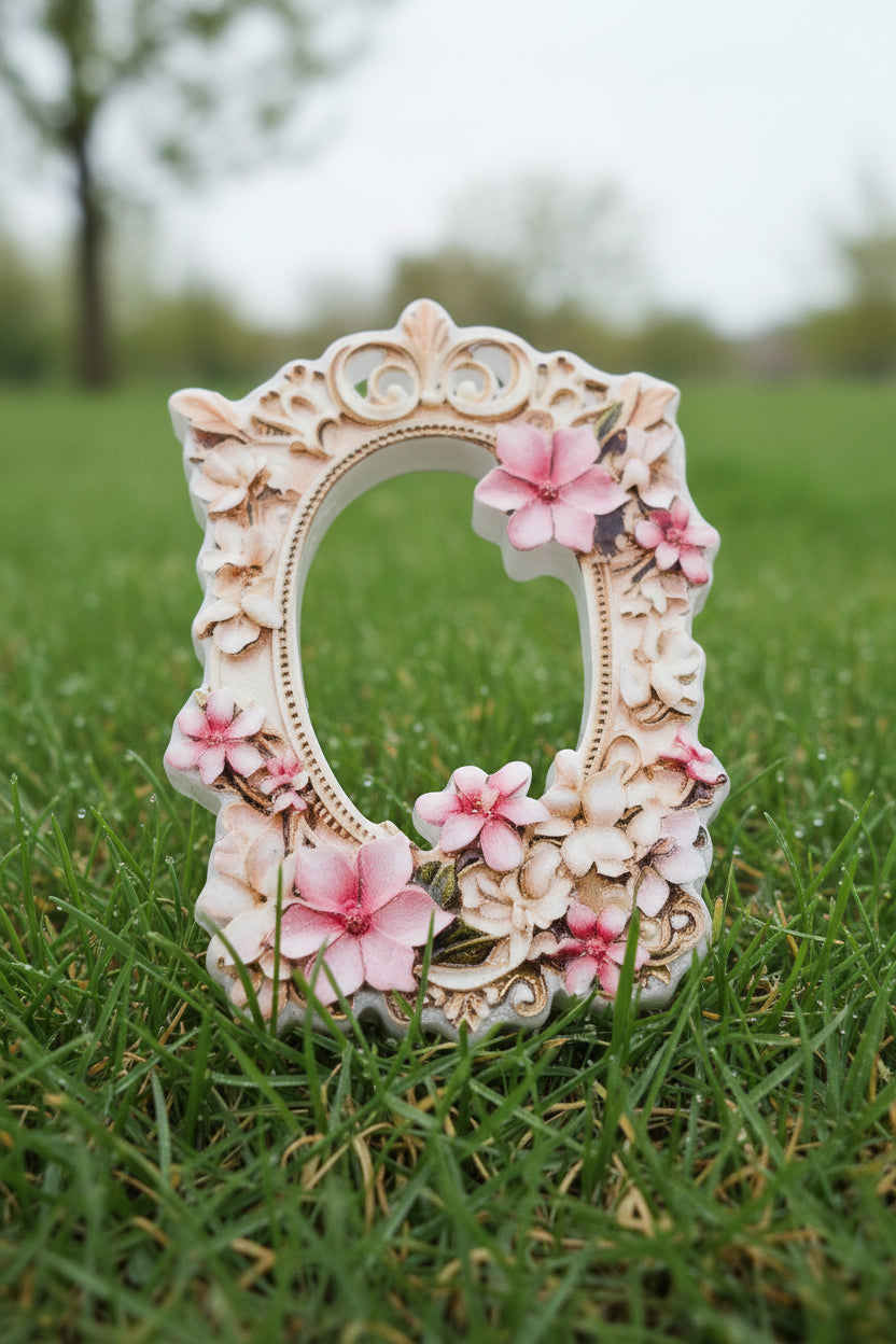 An ornate oval decorative acrylic bead frame with a vintage-style floral design in pink and white 