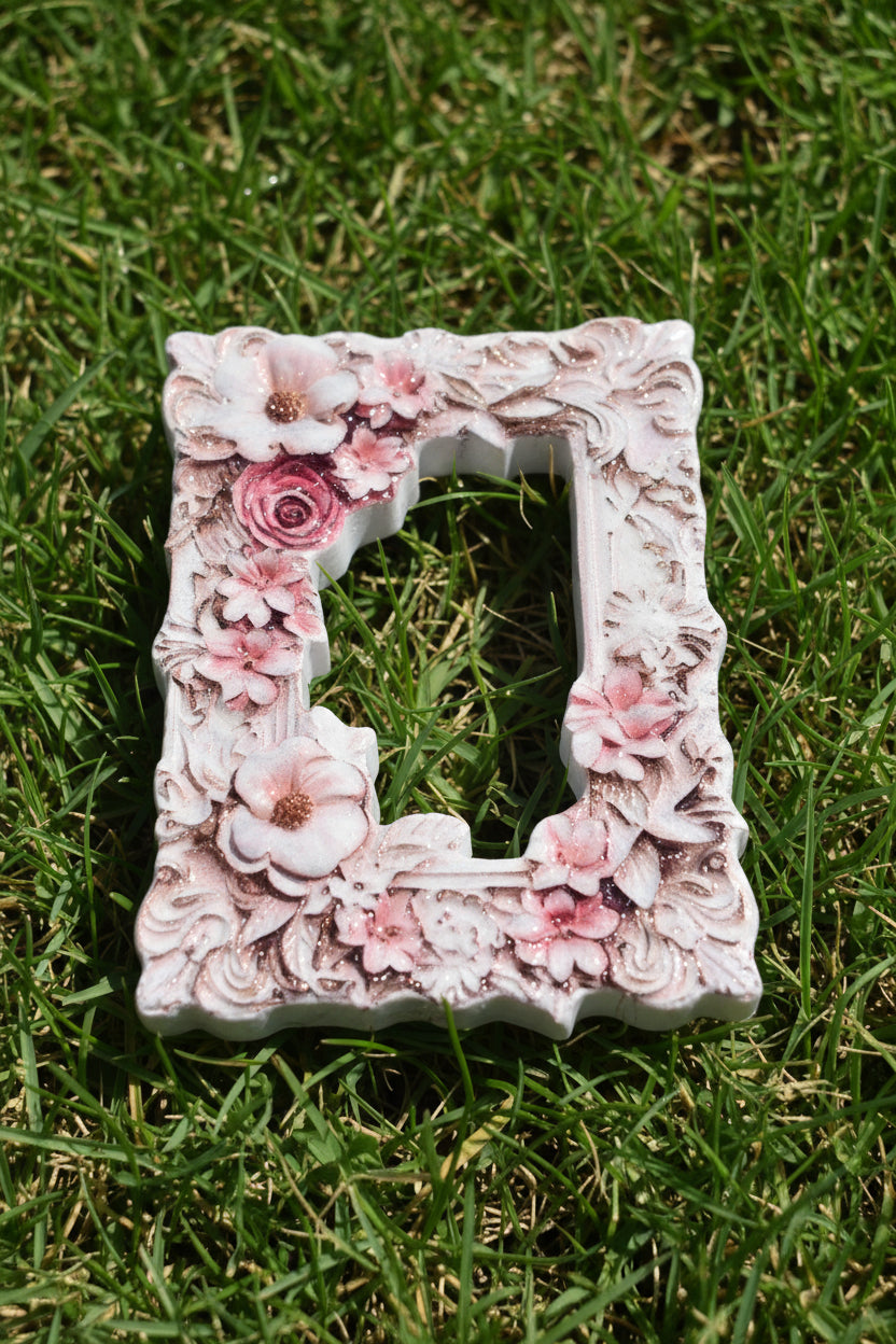 A decorative rectangular acrylic frame bead with an ornate floral border in pink, white