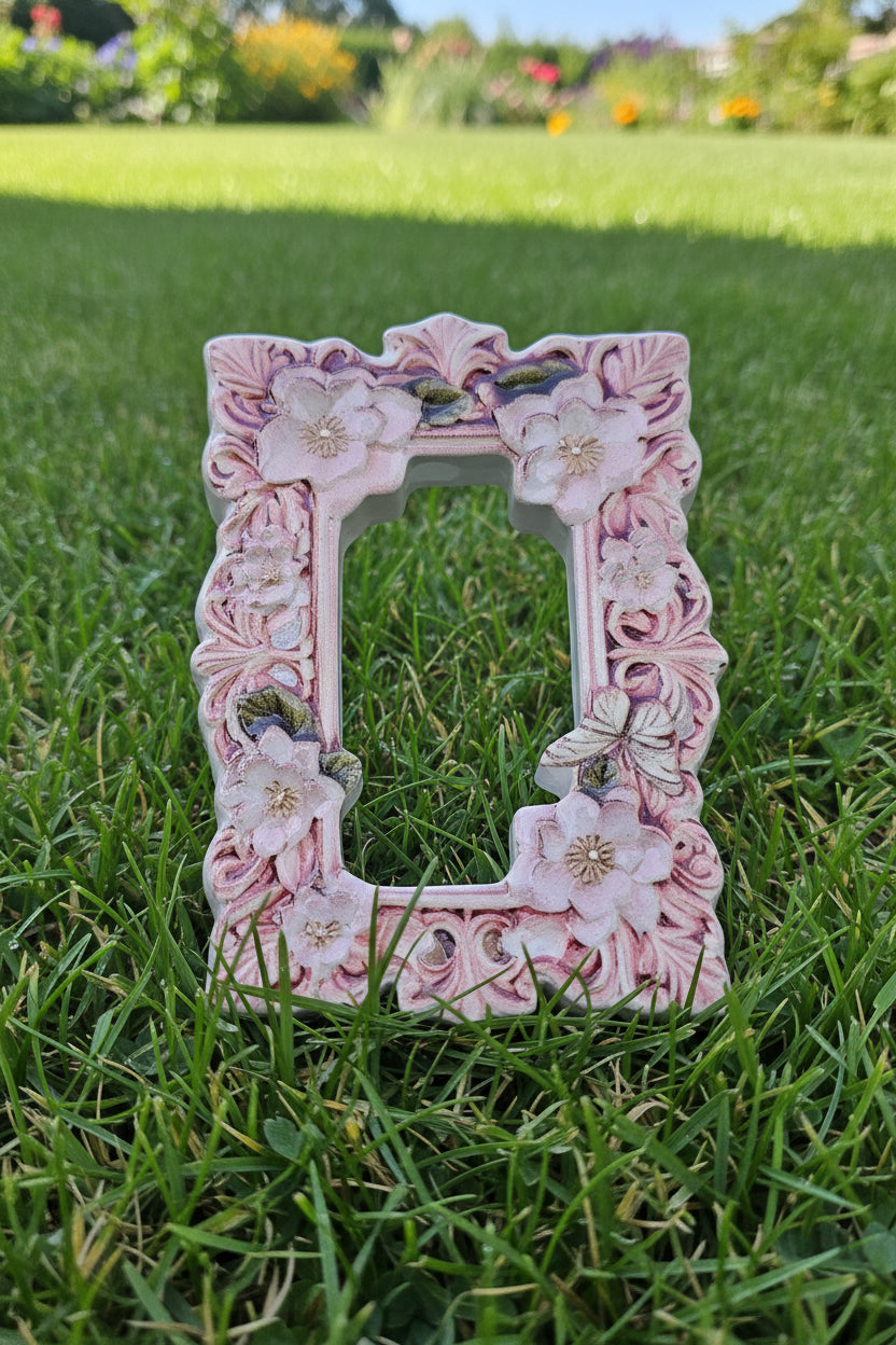 An ornate rectangular decorative frame acrylic bead with a floral and scroll pattern in pink, white, and green