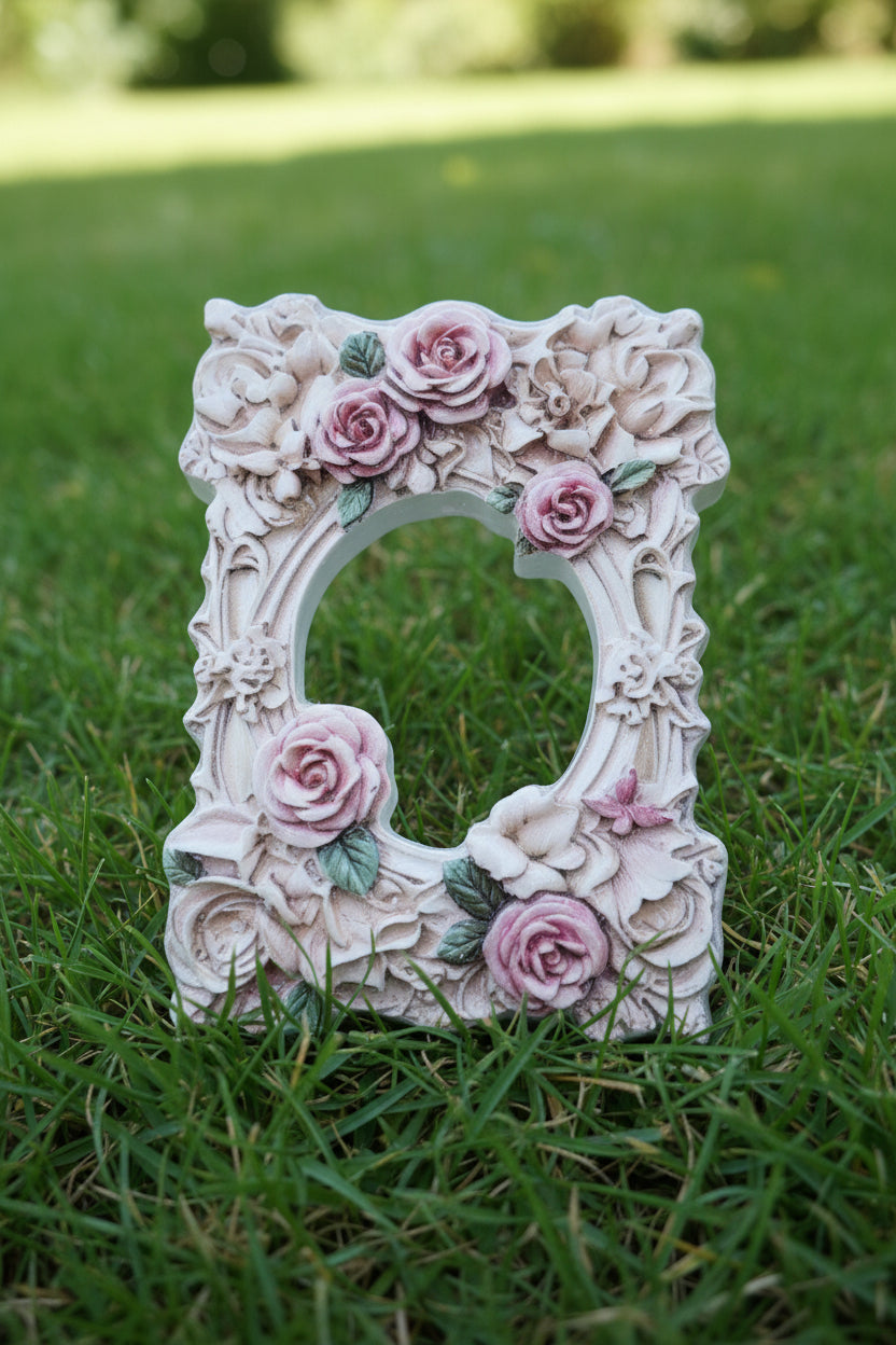 A decorative rectangular acrylic frame bead with an ornate floral design featuring pink roses, green leaves