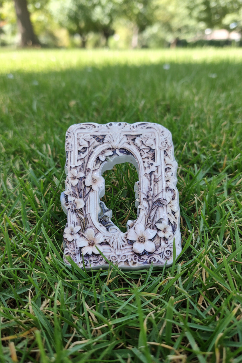An ornate rectangular decorative acrylic bead frame  featuring raised floral and scroll motifs 